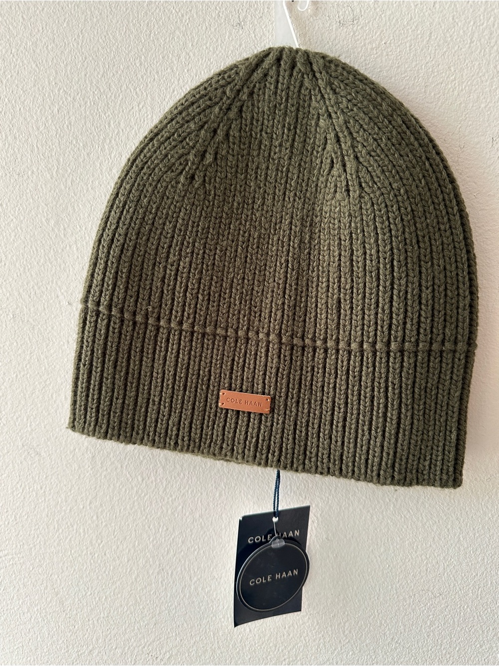 Cole Haan Olive Ribbed Knit Beanie with Leather Tag